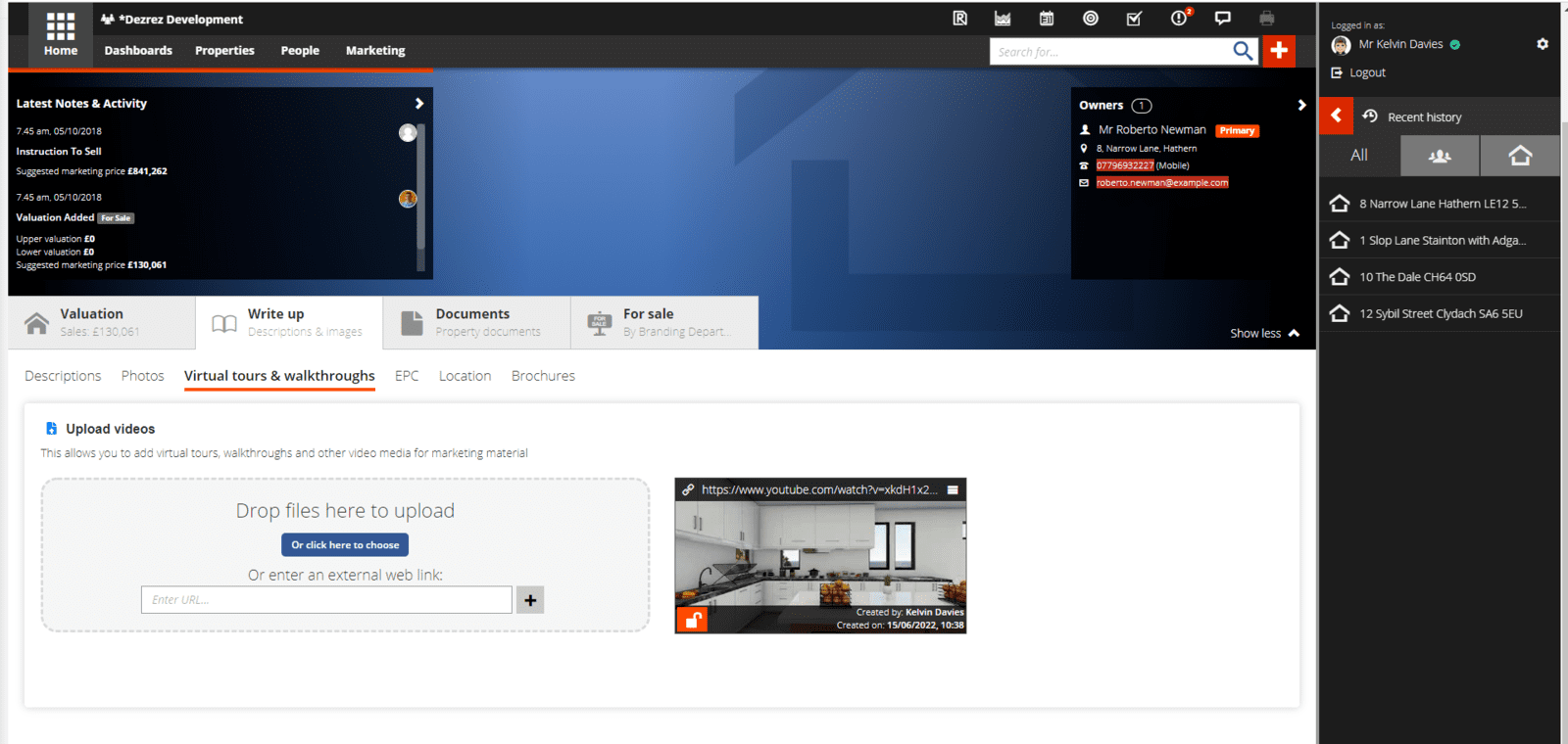 Virtual tour tab within the Write up section within Rezi