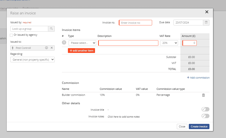 Invoice dialog with commission