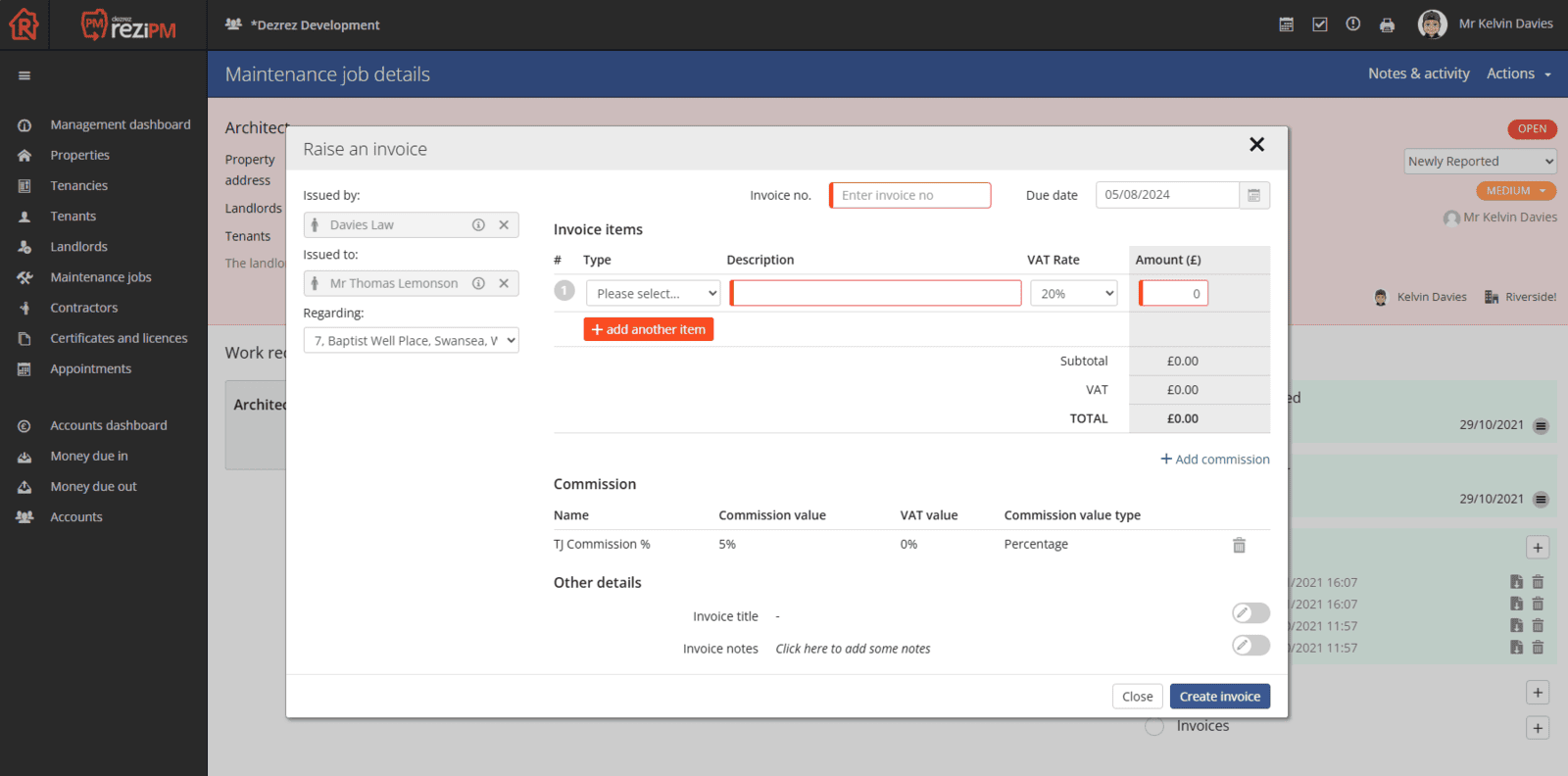 comission option within invoice dialog